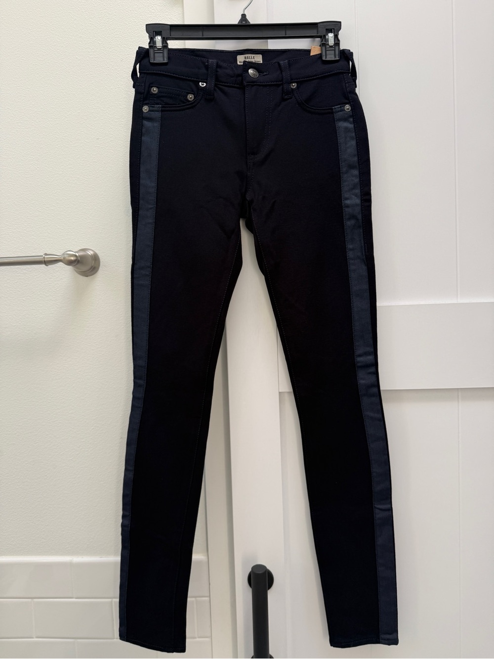 NWT True Religion Halle Super Skinny Tuxedo Stripe Jeans Navy Indigo 25